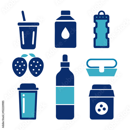 Illustrated hydration and snacks vector icons on white backdrop
