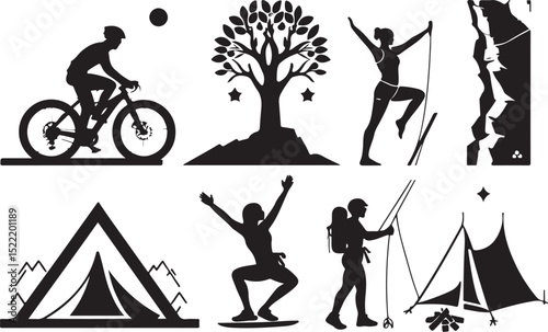 Outdoor Adventure and Yoga Silhouette Icons Set – Hiking, Climbing, Surfing, Meditation