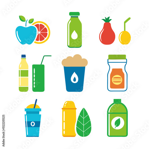 Colorful flat vector icons of healthy food and drinks