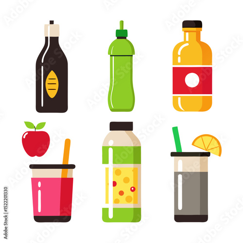 Flat illustration of assorted healthy drinks and beverage containers