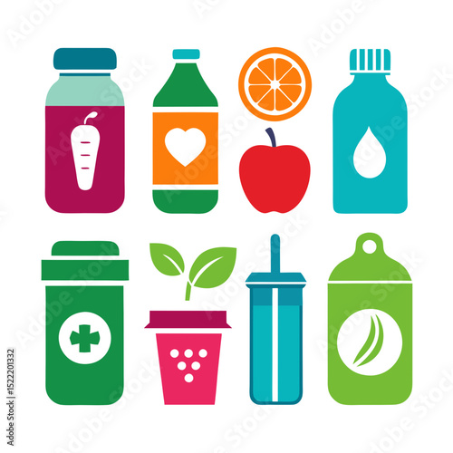 Brightly colored flat icons represent healthy food and wellness