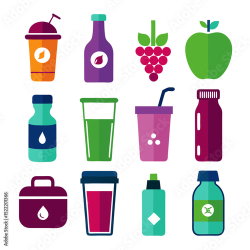 Colorful flat illustration of fruits and liquid containers variety