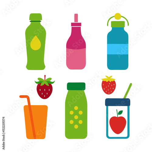 Colorful vector assortment of healthy drinks and fresh fruit