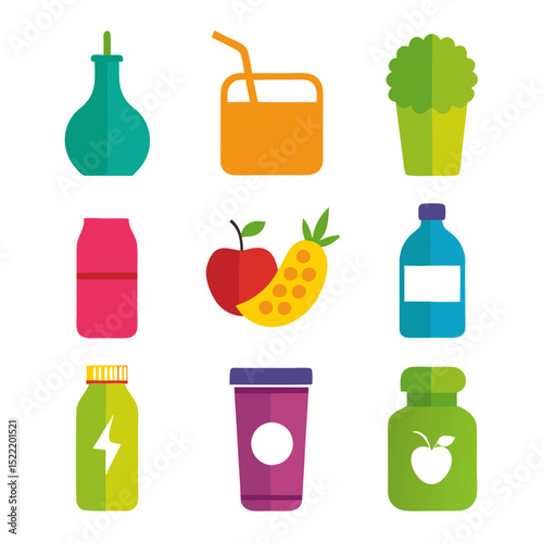Various colorful drink containers and fruit in flat style