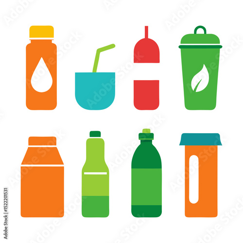 Colorful graphic bottles and containers on white background display