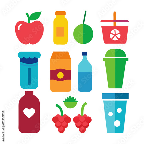 Flat vector icons of food, bottles, and containers