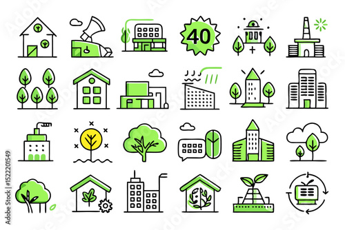 Single line icon depicting green building and sustainable concepts