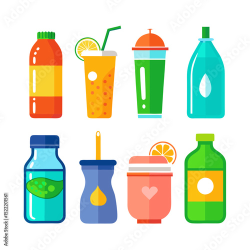 Brightly colored beverage illustrations in various containers on white