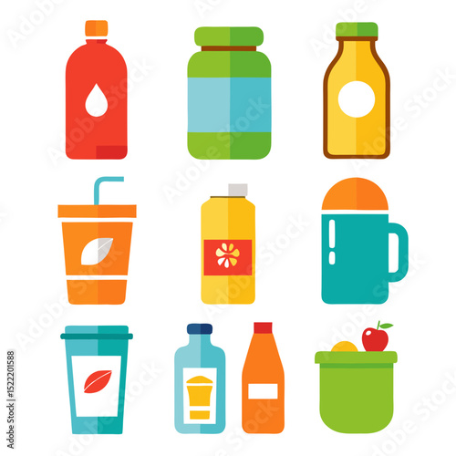 Collection of colorful vector icons illustrating various beverage containers