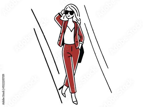 Red-dressed woman vector illustration with a sporty fashion sketch of people having fun