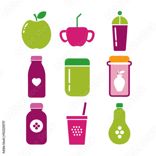 Colorful minimalist flat lay of healthy drink icons