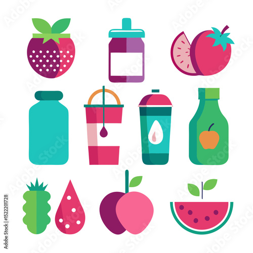 Colorful flat lay fruits and drinks icons on white