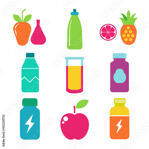 Colorful flat design of various healthy drinks and fruits