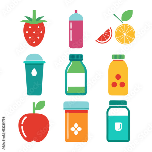 Flat vector illustration of fresh fruit and drink containers