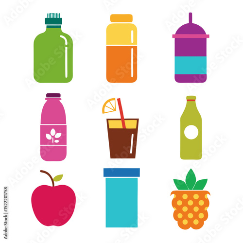 Colorful flat vector icons of assorted drinks and fruits