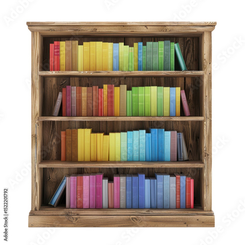 Colorful wooden bookshelf filled with neatly arranged books various shades, creating vibrant and inviting display. warm wood tones complement bright colors of books, enhancing overall aesthetic