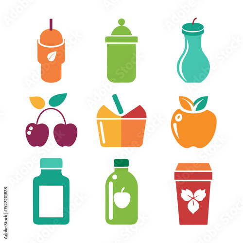 Colorful flat icon set of drinks and fruit icons