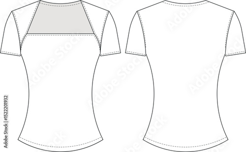 short sleeve queen anne neck square neck fit blouse top tshirt tee template technical drawing flat sketch cad mockup fashion woman design style model 

