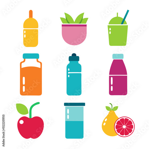 Various drinks and fruit arrangement in colorful flat style