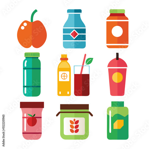 Flat vector graphic of various food and beverage products