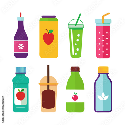 Assorted colorful beverages and drinks in bottles and containers