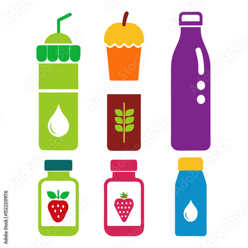Colorful vector illustration of beverages and food products isolated