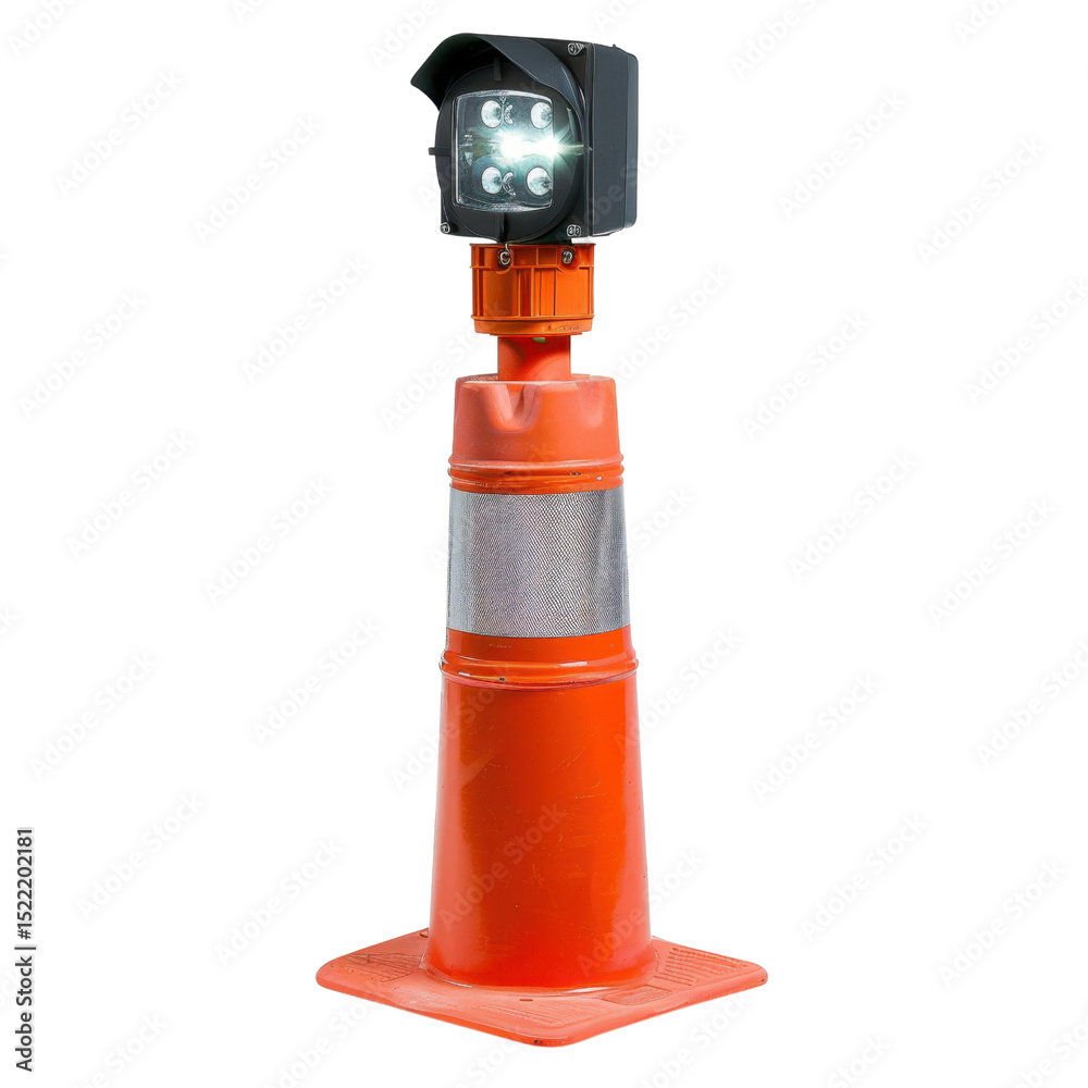 Fototapeta premium Bright LED warning light mounted orange traffic cone, designed for safety and visibility construction or roadwork areas. This device enhances awareness and alerts drivers to potential hazards