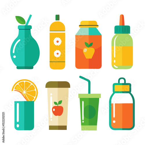 Diverse beverage containers flat vector art still life composition