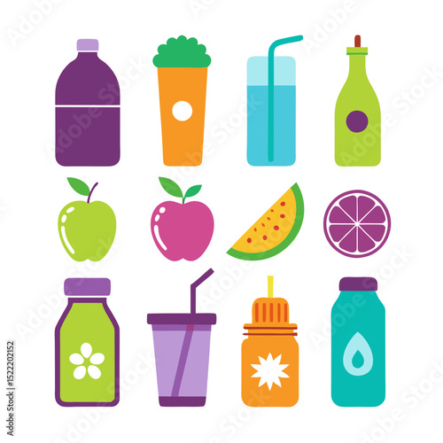 Colorful assorted fruit and beverage containers flat vector illustration