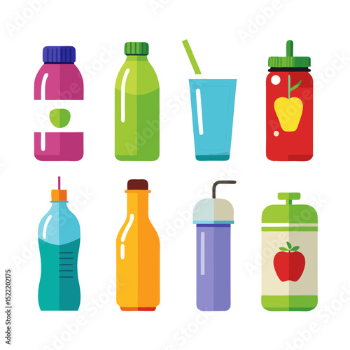 Colorful assortment of drink bottles and glasses on white
