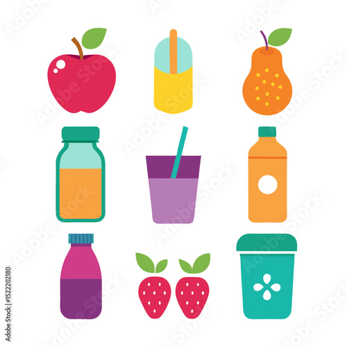 Flat vector illustration of fresh fruit and juice drinks