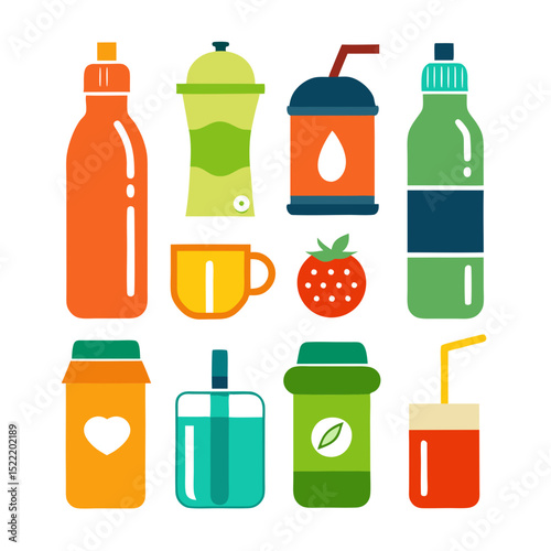 Colorful flat illustration of different drinks and containers