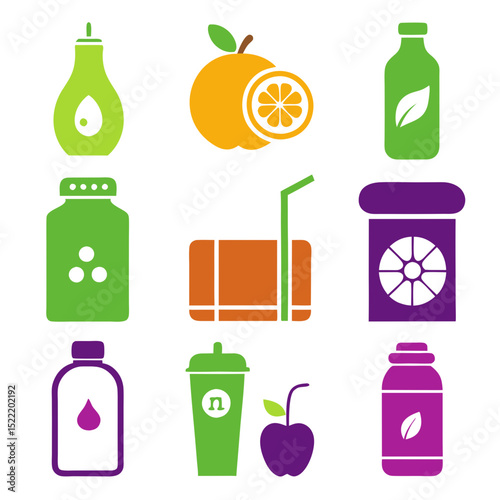 Stylized flat icon assortment of healthy food and drinks