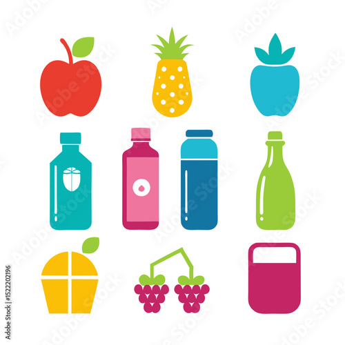 Colorful icon set featuring fruits and juice bottles