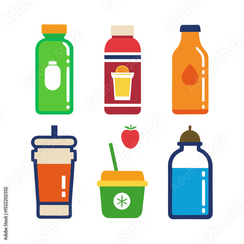 Various colorful drink containers and a strawberry floating above