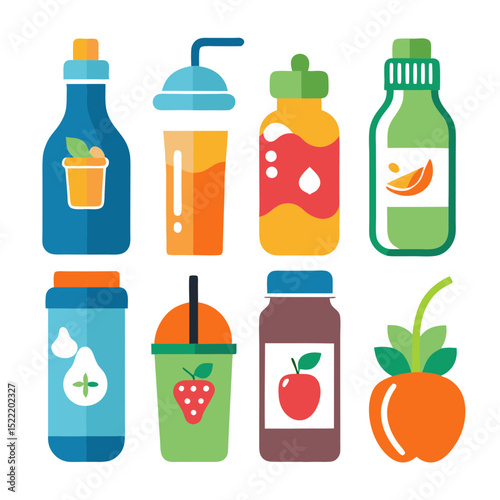 Stylized Fruit Juice and Beverage Bottle Icons Vector Set