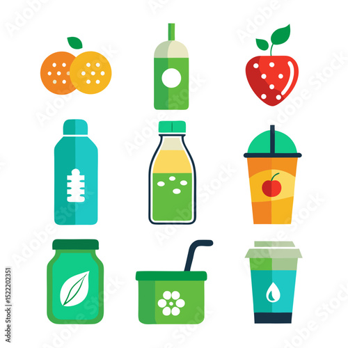 Assorted fruit and drink flat vector icon set