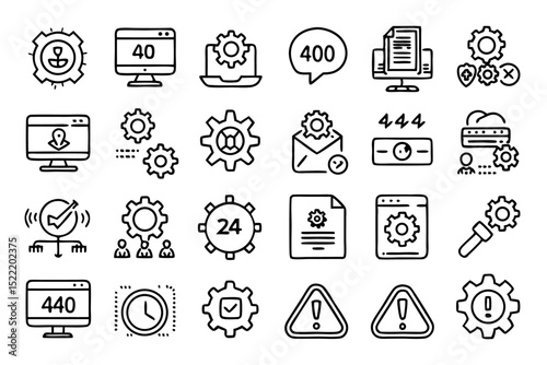 Technical support warning line icons set for troubleshooting and alerting
