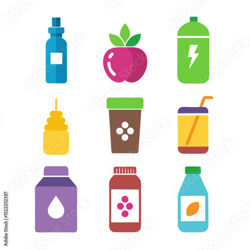 Colorful flat vector icons of various drinks and edibles