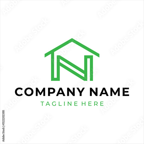 The logo design combines the letter n and a house, using the color green.