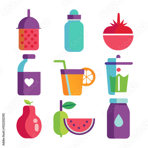 Colorful flat icons featuring healthy beverages and fruits display