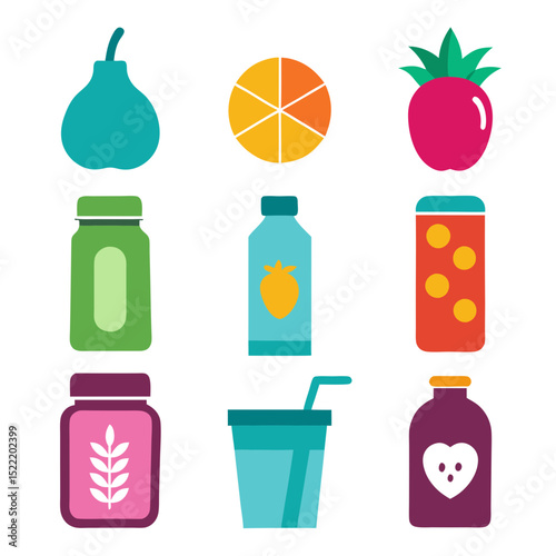 Nine brightly colored food and drink items flat lay