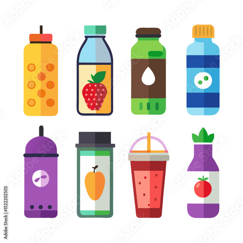 Collection of colorful cartoon fruit juice bottles and drinks