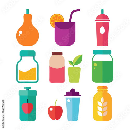 Assortment of fruit juices and smoothies flat vector illustration
