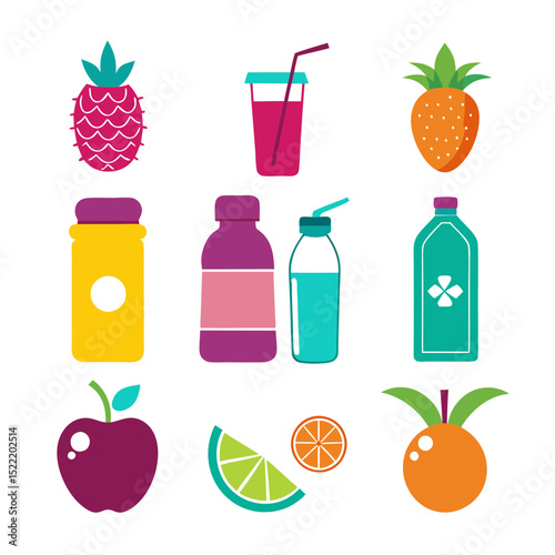 Colorful graphic vector of various fruits and beverage containers