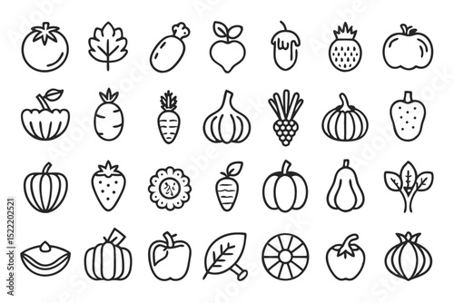 High quality line icons depicting various vegetables including tomatoes and olives ideal for culinary or agricultural applications