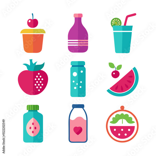 Colorful flat vector illustration of fresh fruits and drinks