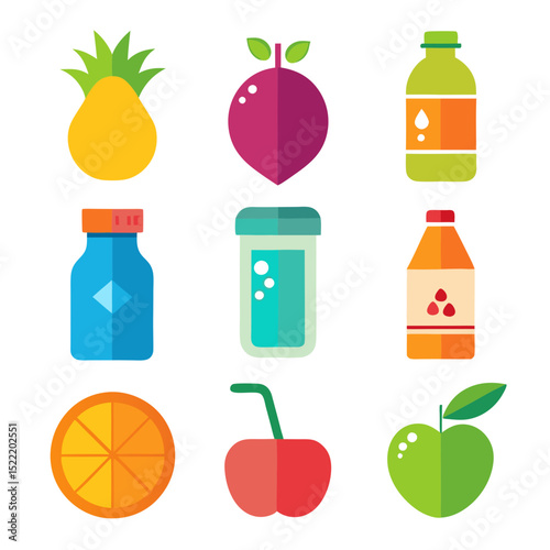 Bright and colorful flat vector fruit and juice collection