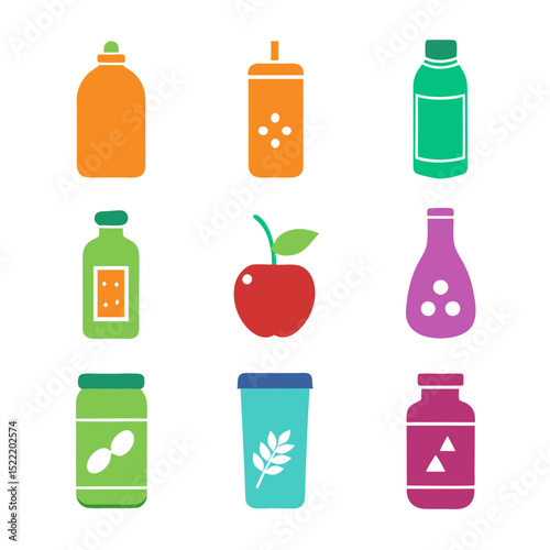 Colorful minimalist illustration with assorted containers and single apple