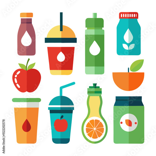 Flat vector illustration of various healthy fruit drinks